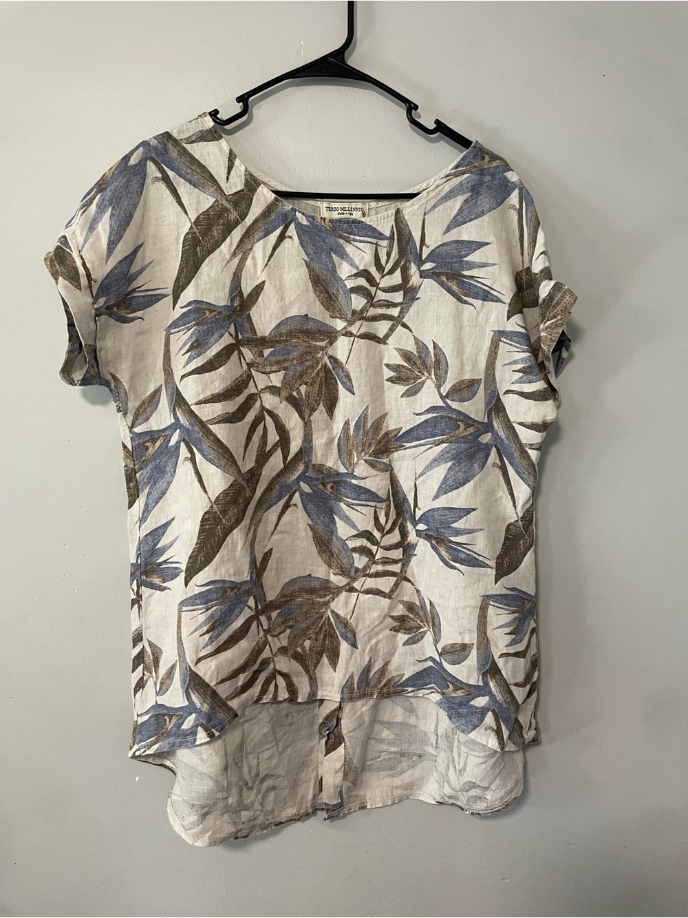 Terzo Millennio Italy Floral Print Top in Blue & Brown 100% Linen Medium